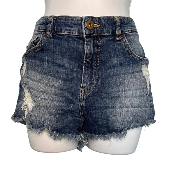 H&M Women's Size 8 Denim Dark Wash Distressed Frayed Jeans Shorts - Picture 5 of 6